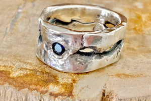 Hand-wrought Sterling Silver Ring Flush set with Deep Blue Sapphire - Commissioned